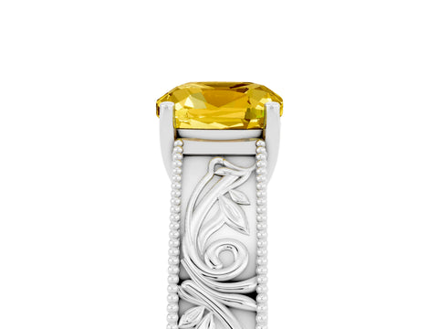 White gold Cushion Cut Yellow Sapphire Solitaire Ring with Engraved Band and Four-Prong Setting_5