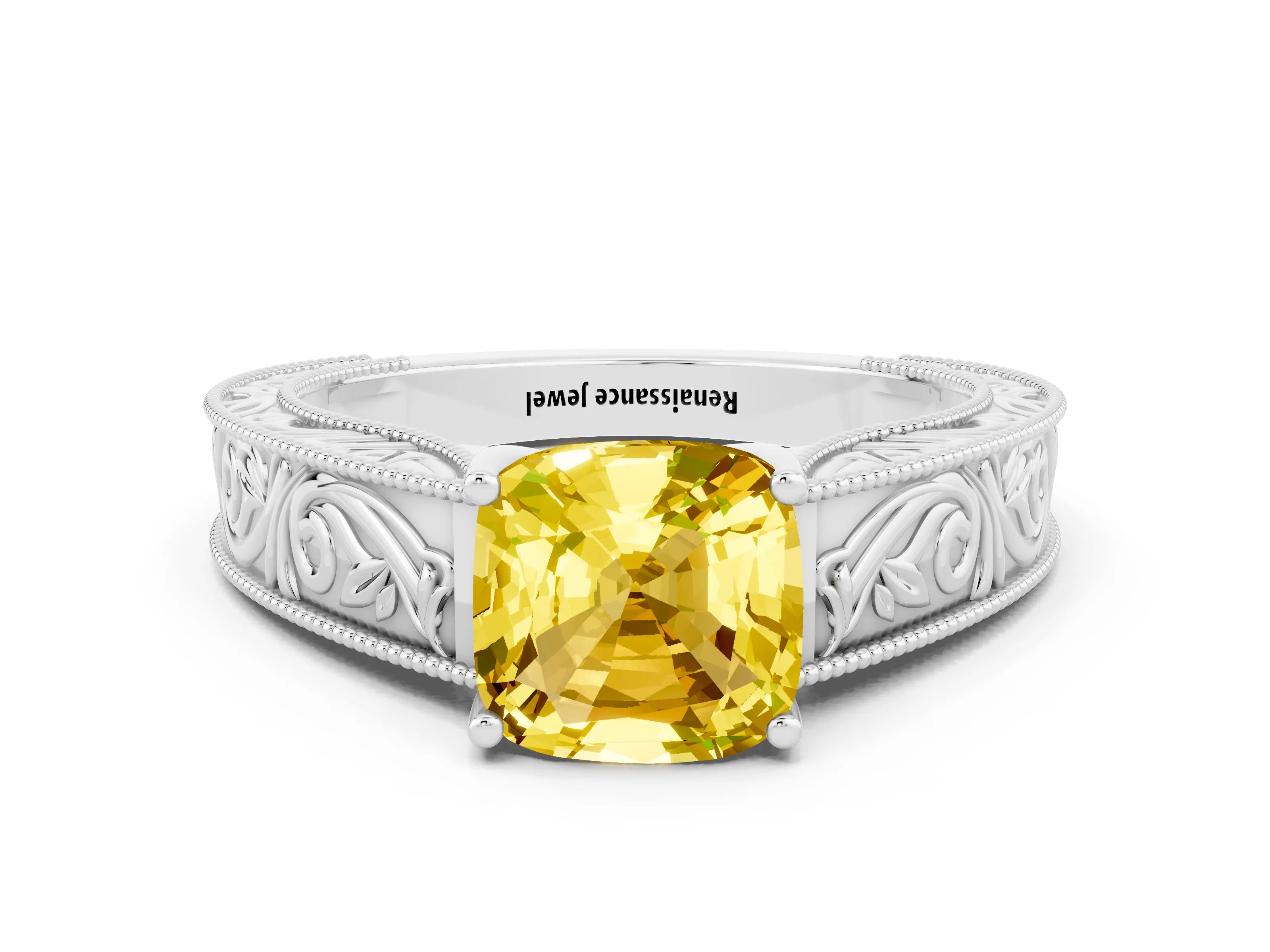 White gold Cushion Cut Yellow Sapphire Solitaire Ring with Engraved Band and Four-Prong Setting