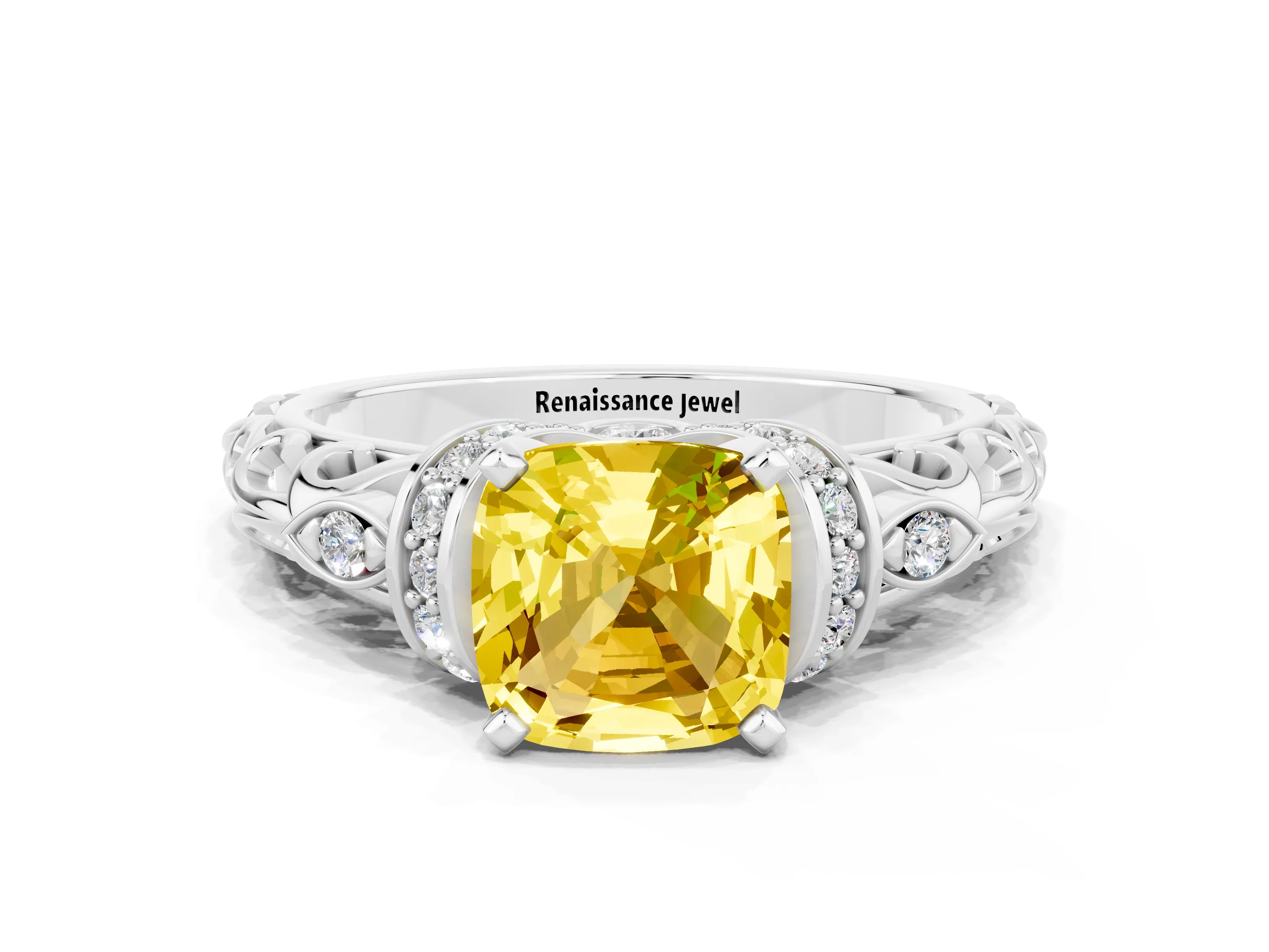 White gold Cushion Cut Yellow Sapphire Solitaire Ring with Filigree Band and Four-Prong Setting_48
