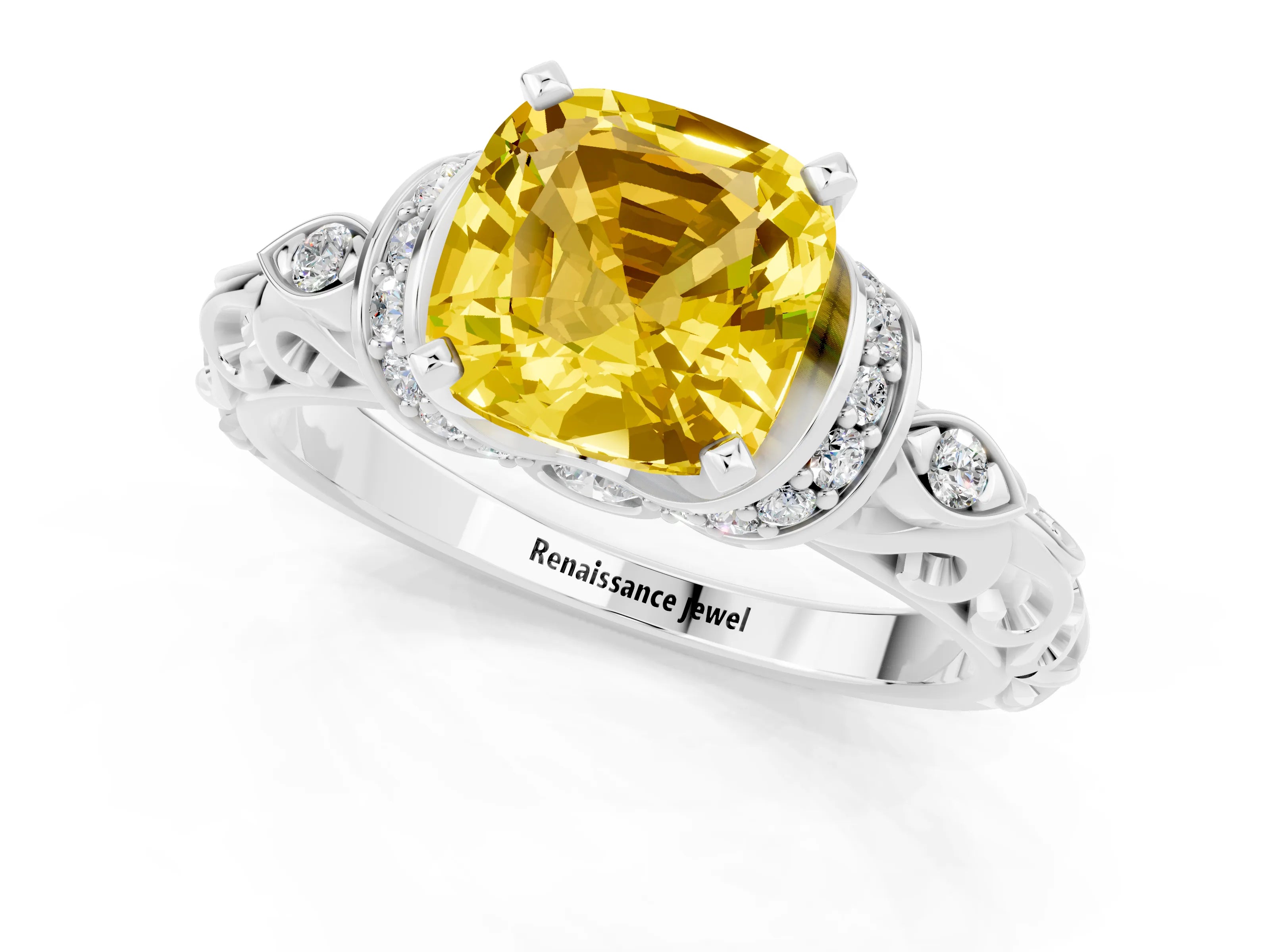 White gold Cushion Cut Yellow Sapphire Solitaire Ring with Filigree Band and Four-Prong Setting_49