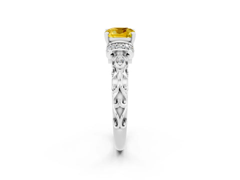 White gold Cushion Cut Yellow Sapphire Solitaire Ring with Filigree Band and Four-Prong Setting_50