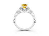 White gold Cushion Cut Yellow Sapphire Solitaire Ring with Filigree Band and Four-Prong Setting_51