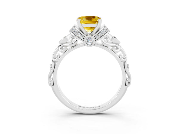 Silver Cushion Cut Yellow Sapphire Solitaire Ring with Filigree Band and Four-Prong Setting