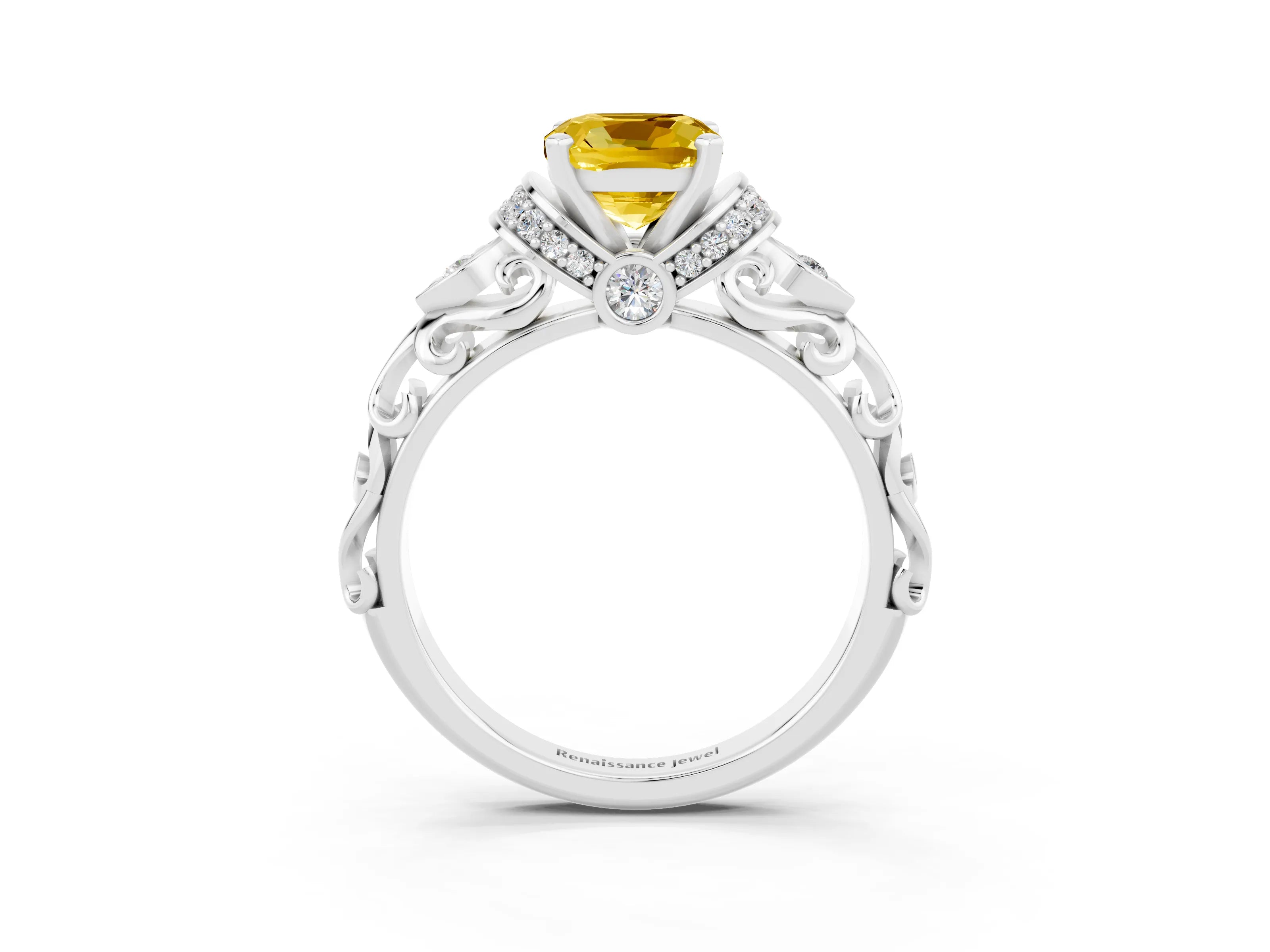 White gold Cushion Cut Yellow Sapphire Solitaire Ring with Filigree Band and Four-Prong Setting_51