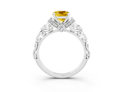 White gold Cushion Cut Yellow Sapphire Solitaire Ring with Filigree Band and Four-Prong Setting_51