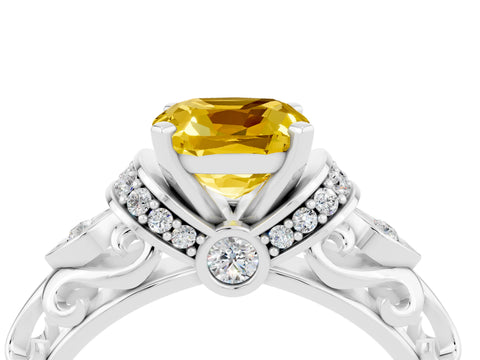 White gold Cushion Cut Yellow Sapphire Solitaire Ring with Filigree Band and Four-Prong Setting_52