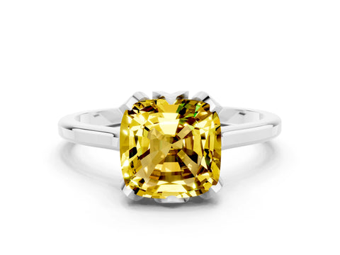White gold Cushion Cut Yellow Sapphire Solitaire Ring with Flower Prong Setting and Classic Band_12