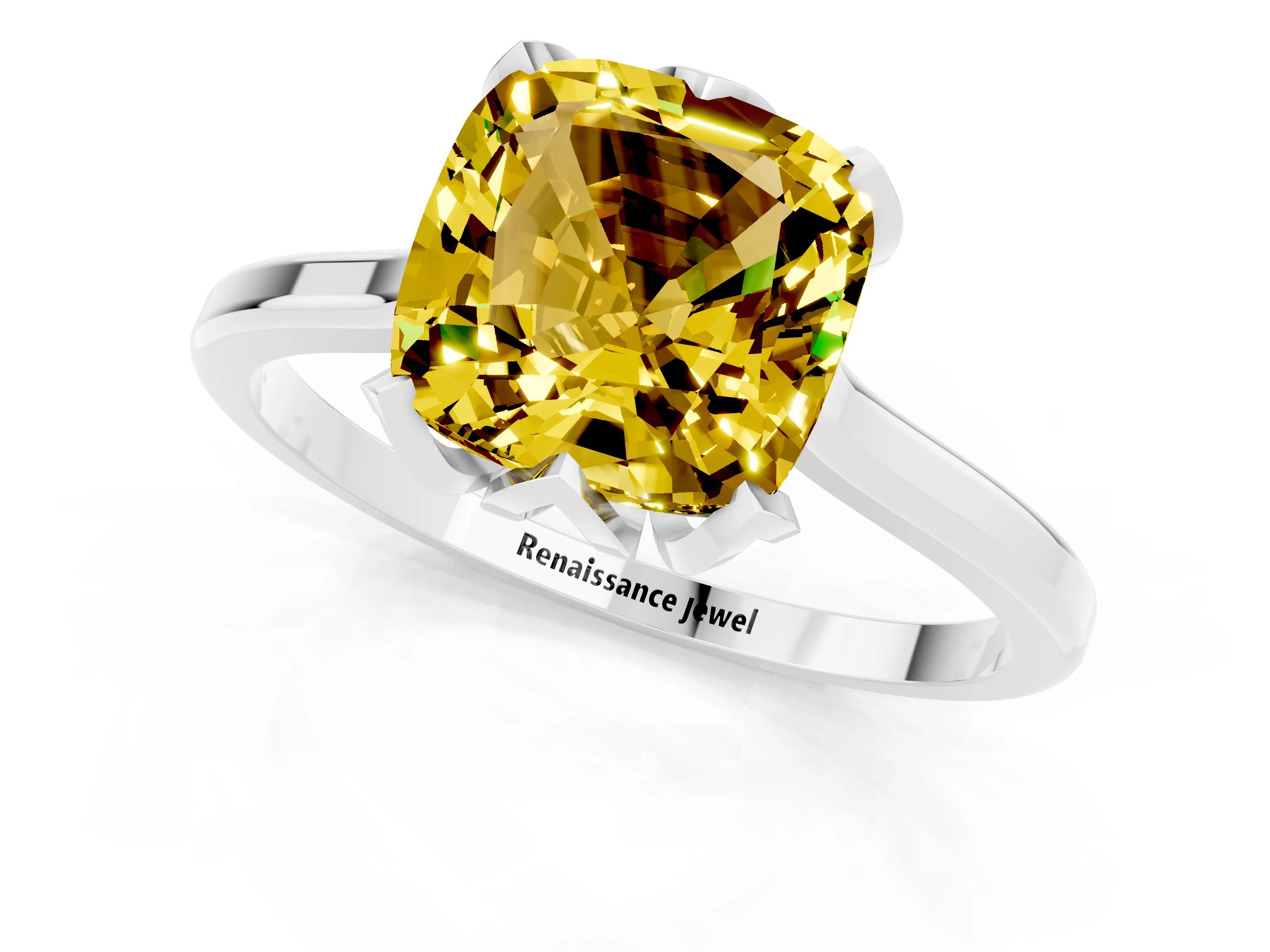 White gold Cushion Cut Yellow Sapphire Solitaire Ring with Flower Prong Setting and Classic Band_13