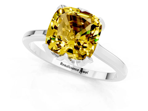 White gold Cushion Cut Yellow Sapphire Solitaire Ring with Flower Prong Setting and Classic Band_13