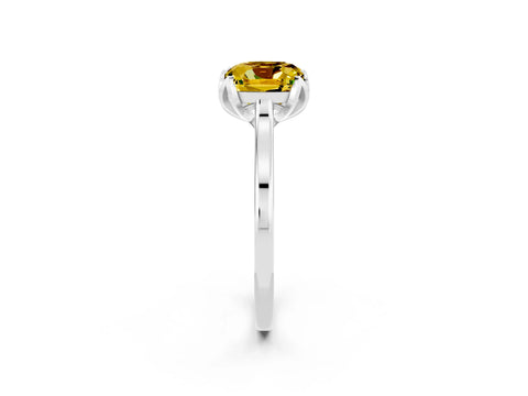 White gold Cushion Cut Yellow Sapphire Solitaire Ring with Flower Prong Setting and Classic Band_14