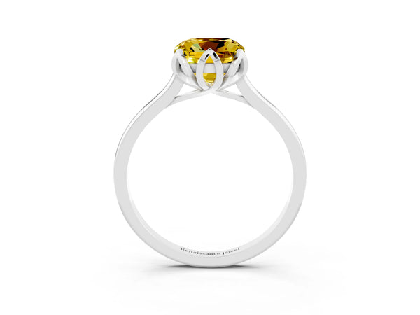 Silver Cushion Cut Yellow Sapphire Solitaire Ring with Flower Prong Setting and Classic Band