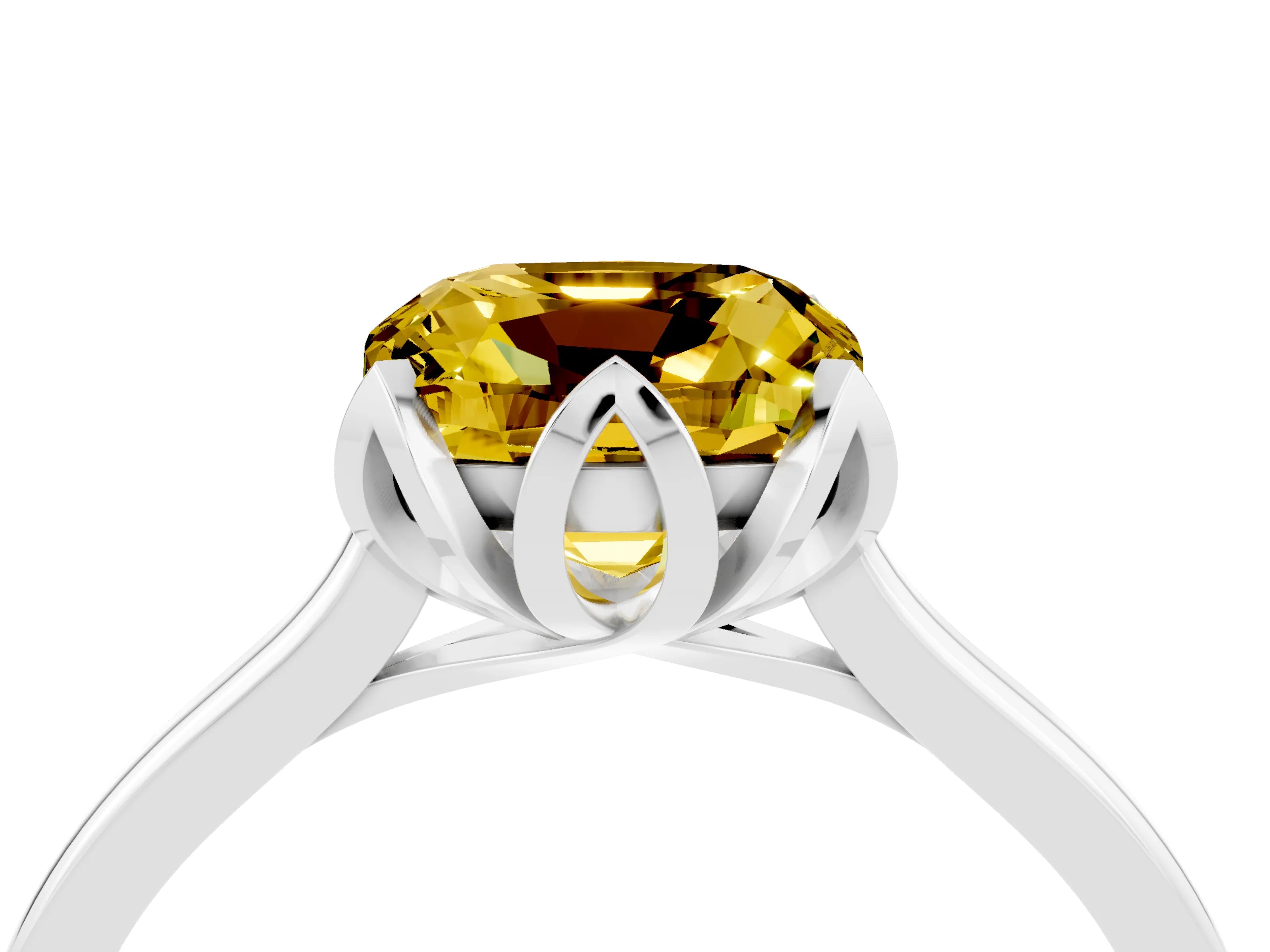 White gold Cushion Cut Yellow Sapphire Solitaire Ring with Flower Prong Setting and Classic Band_16