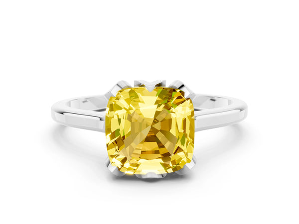 White gold Cushion Cut Yellow Sapphire Solitaire Ring with Flower Prong Setting and Classic Band