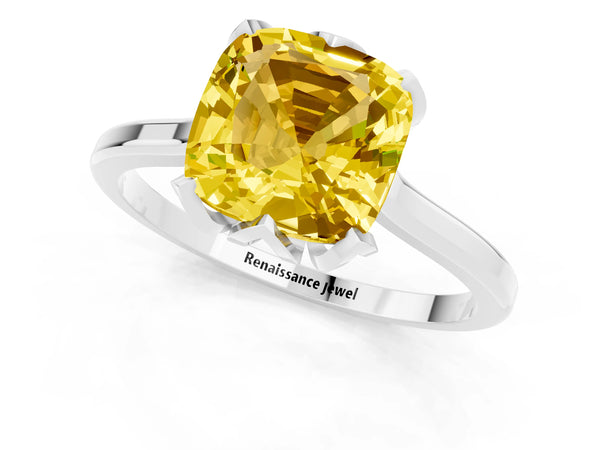 White gold Cushion Cut Yellow Sapphire Solitaire Ring with Flower Prong Setting and Classic Band