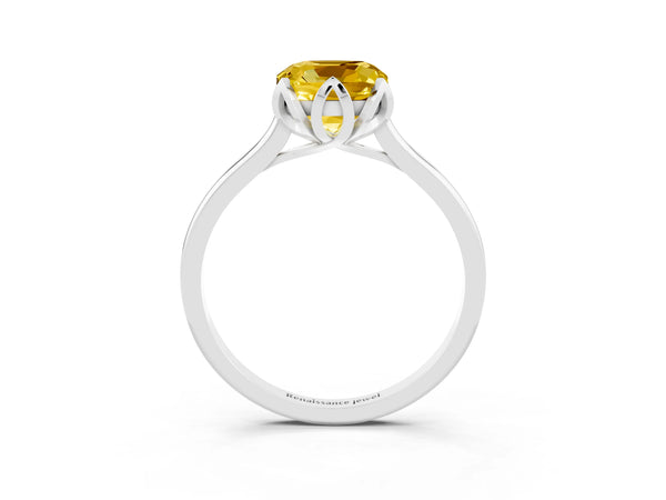 White gold Cushion Cut Yellow Sapphire Solitaire Ring with Flower Prong Setting and Classic Band