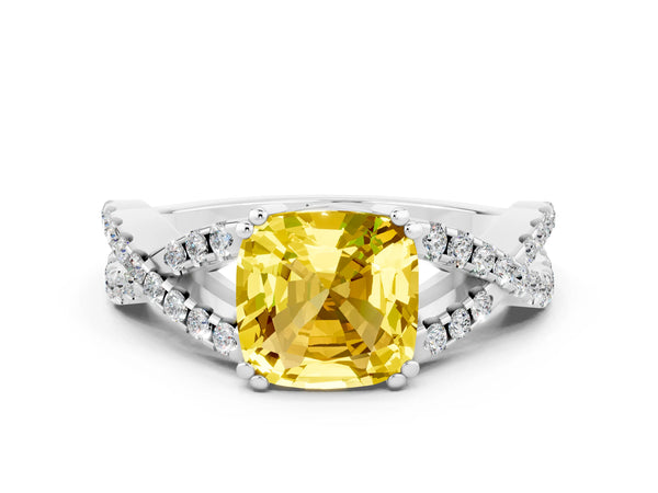 White gold Cushion Cut Yellow Sapphire Solitaire Ring with Four-Prong Setting and Twisted Pavé Band