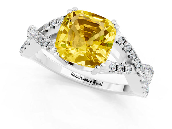 White gold Cushion Cut Yellow Sapphire Solitaire Ring with Four-Prong Setting and Twisted Pavé Band