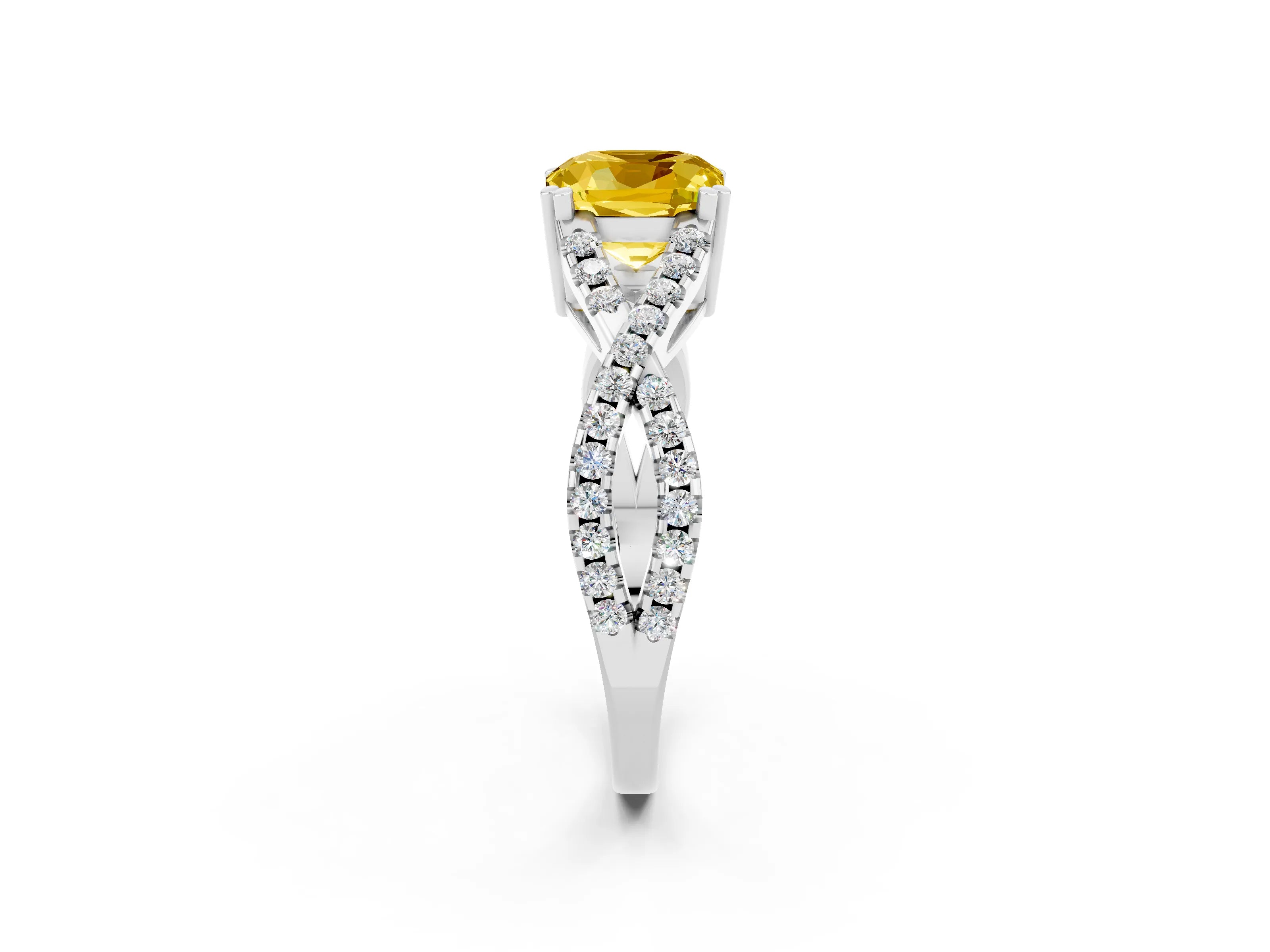 White gold Cushion Cut Yellow Sapphire Solitaire Ring with Four-Prong Setting and Twisted Pavé Band_14