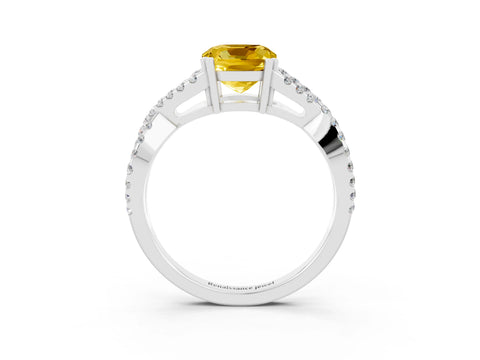 White gold Cushion Cut Yellow Sapphire Solitaire Ring with Four-Prong Setting and Twisted Pavé Band_15