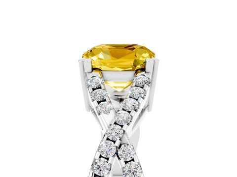 White gold Cushion Cut Yellow Sapphire Solitaire Ring with Four-Prong Setting and Twisted Pavé Band_17