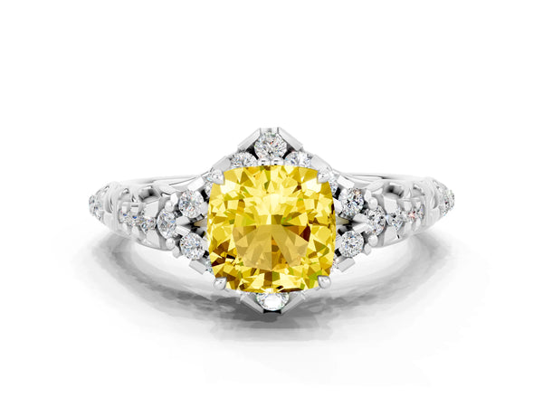 White gold Cushion Cut Yellow Sapphire Solitaire Ring with Hidden Halo and Pavé Band