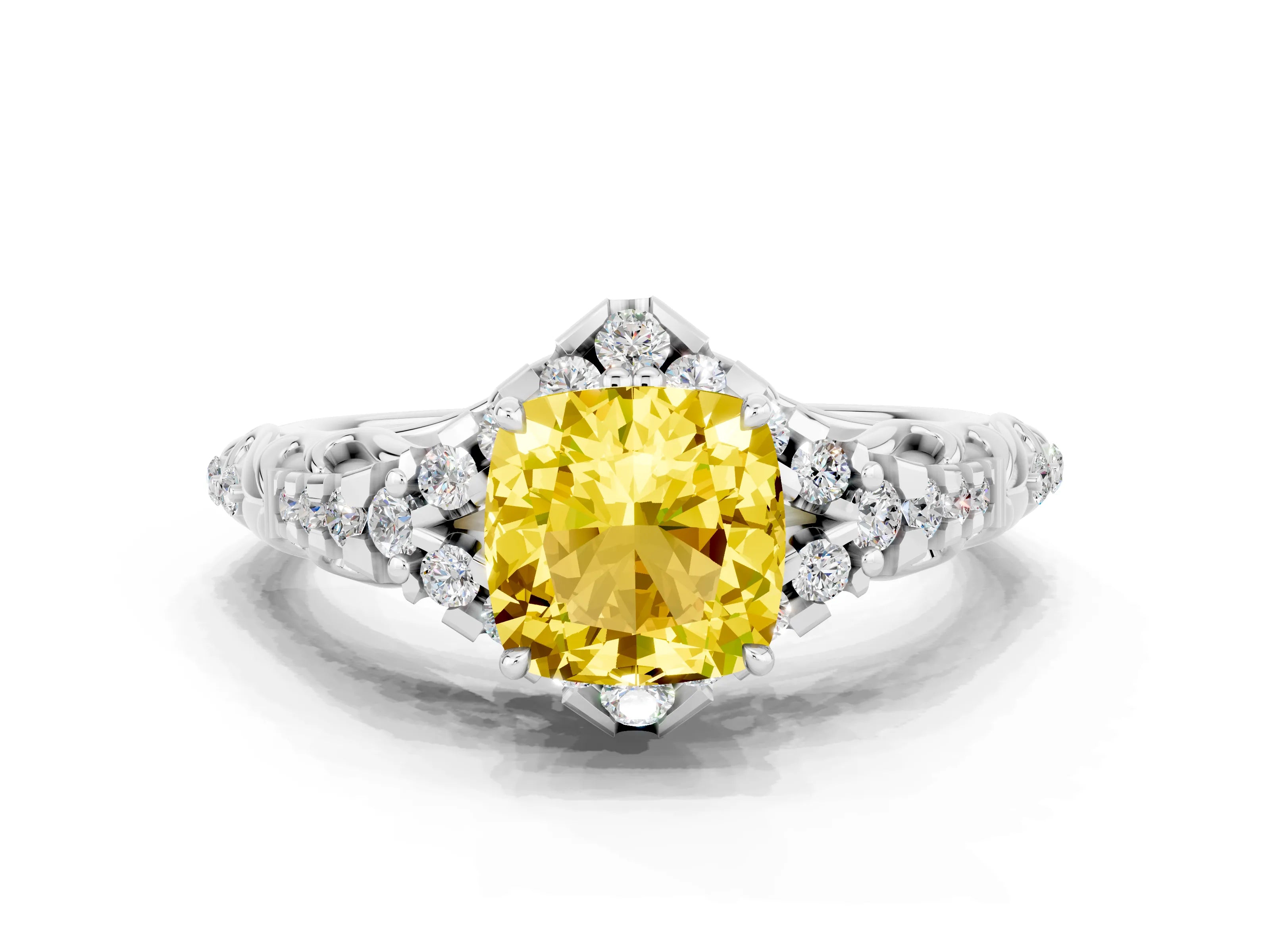 White gold Cushion Cut Yellow Sapphire Solitaire Ring with Hidden Halo and Pavé Band_12