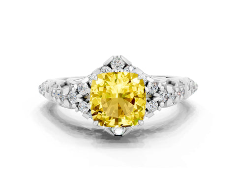 White gold Cushion Cut Yellow Sapphire Solitaire Ring with Hidden Halo and Pavé Band_12