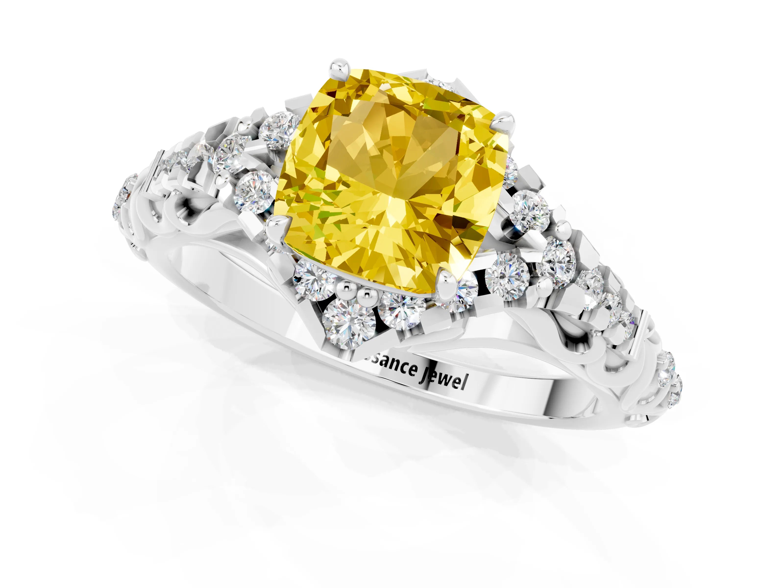 White gold Cushion Cut Yellow Sapphire Solitaire Ring with Hidden Halo and Pavé Band_13