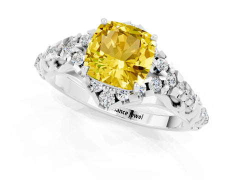 White gold Cushion Cut Yellow Sapphire Solitaire Ring with Hidden Halo and Pavé Band_13