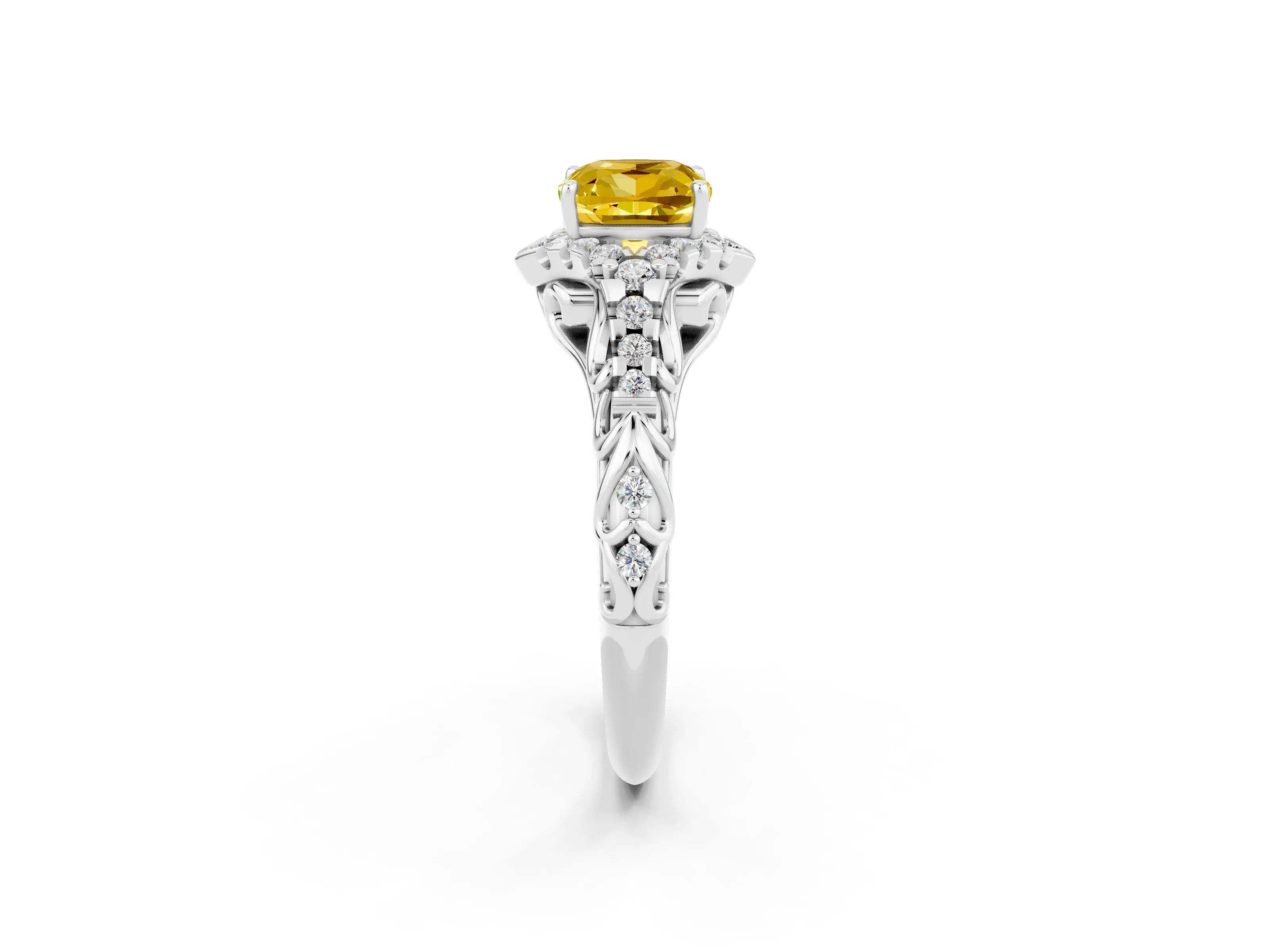 White gold Cushion Cut Yellow Sapphire Solitaire Ring with Hidden Halo and Pavé Band_14