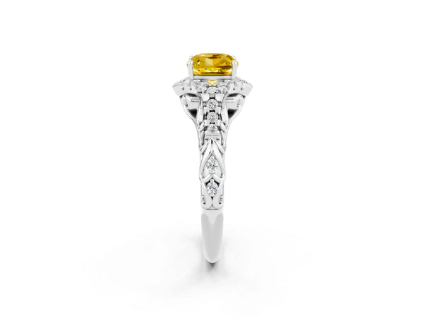 White gold Cushion Cut Yellow Sapphire Solitaire Ring with Hidden Halo and Pavé Band