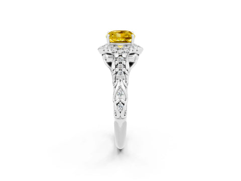 White gold Cushion Cut Yellow Sapphire Solitaire Ring with Hidden Halo and Pavé Band_14
