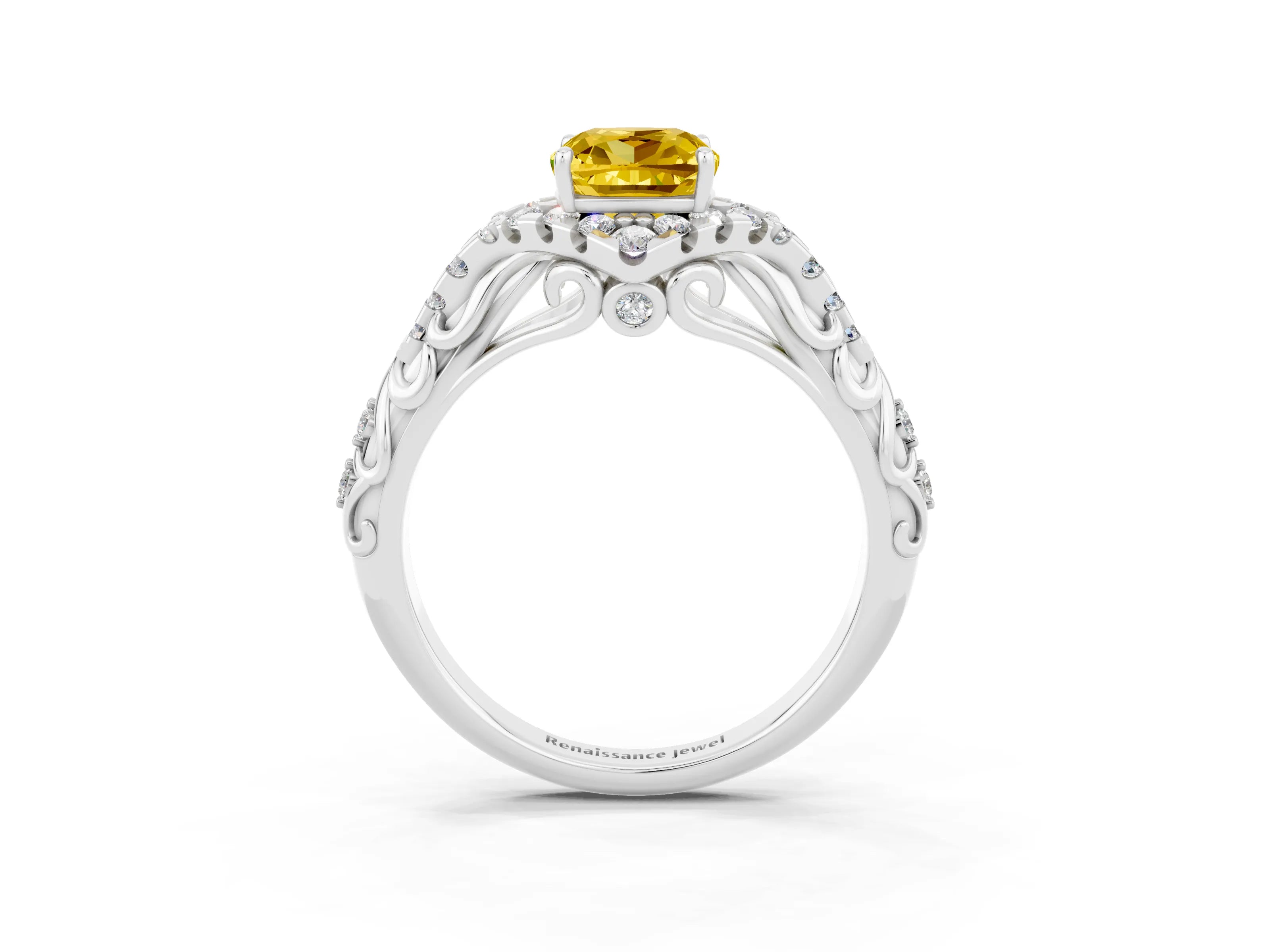 White gold Cushion Cut Yellow Sapphire Solitaire Ring with Hidden Halo and Pavé Band_15