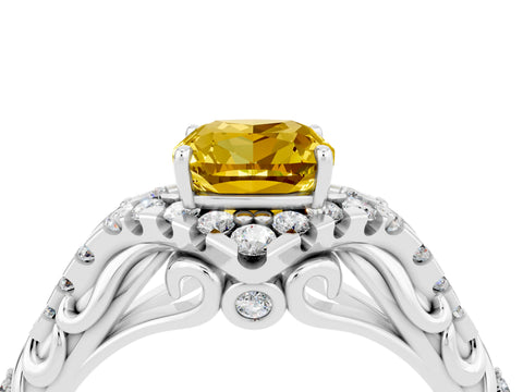 White gold Cushion Cut Yellow Sapphire Solitaire Ring with Hidden Halo and Pavé Band_16
