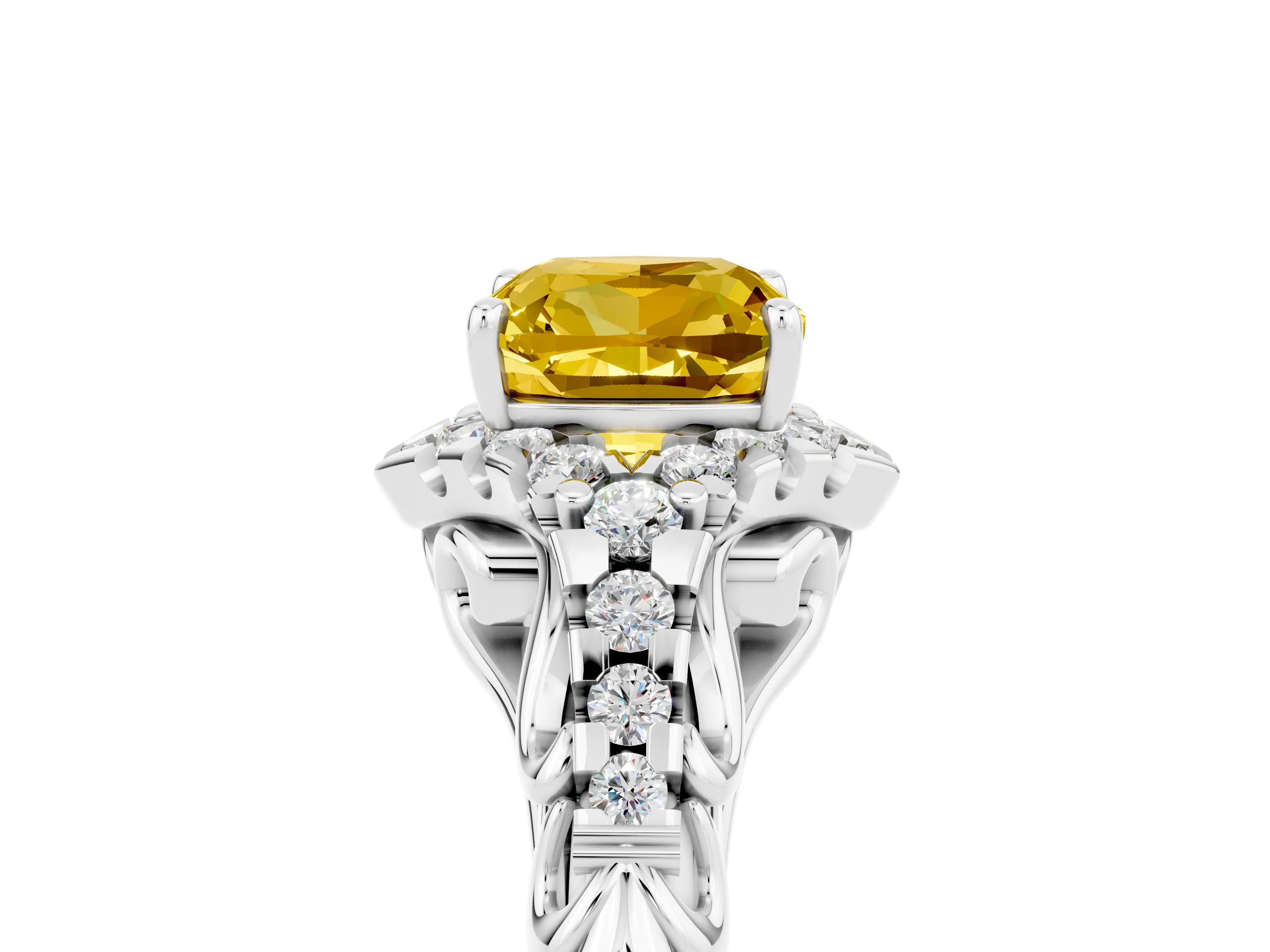 White gold Cushion Cut Yellow Sapphire Solitaire Ring with Hidden Halo and Pavé Band_17