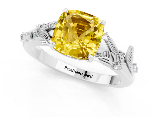 White gold Cushion Cut Yellow Sapphire Solitaire Ring with Leaf Motif Band and Four-Prong Setting