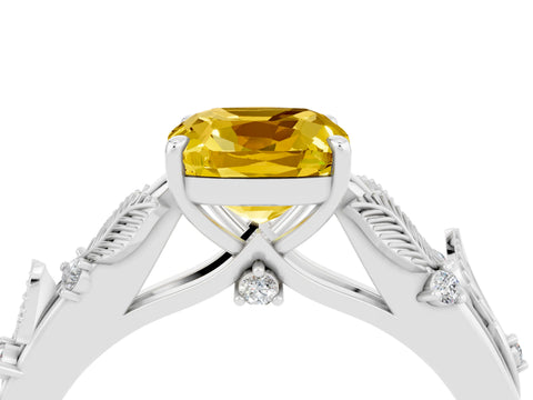 White gold Cushion Cut Yellow Sapphire Solitaire Ring with Leaf Motif Band and Four-Prong Setting_16