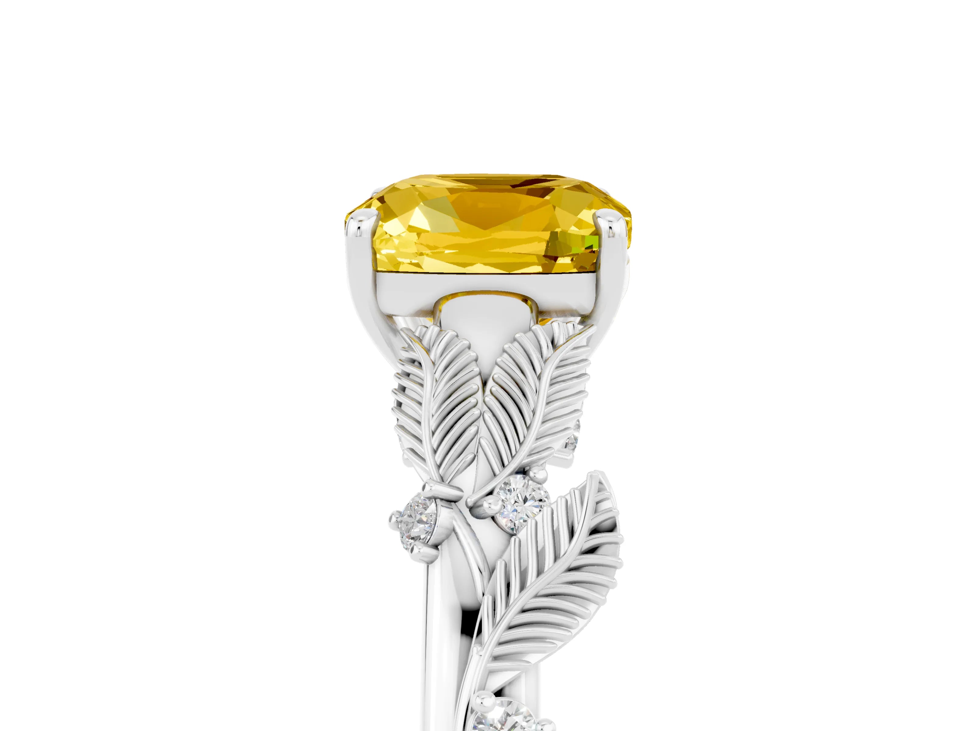 White gold Cushion Cut Yellow Sapphire Solitaire Ring with Leaf Motif Band and Four-Prong Setting_17