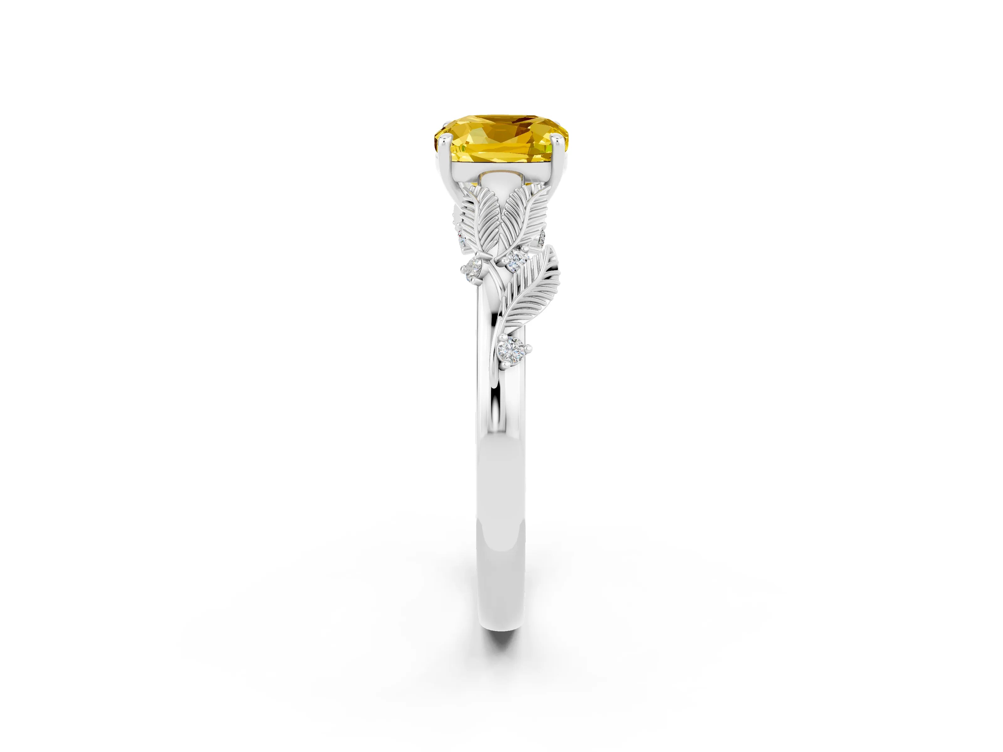 White gold Cushion Cut Yellow Sapphire Solitaire Ring with Leaf Motif Band and Four-Prong Setting_2