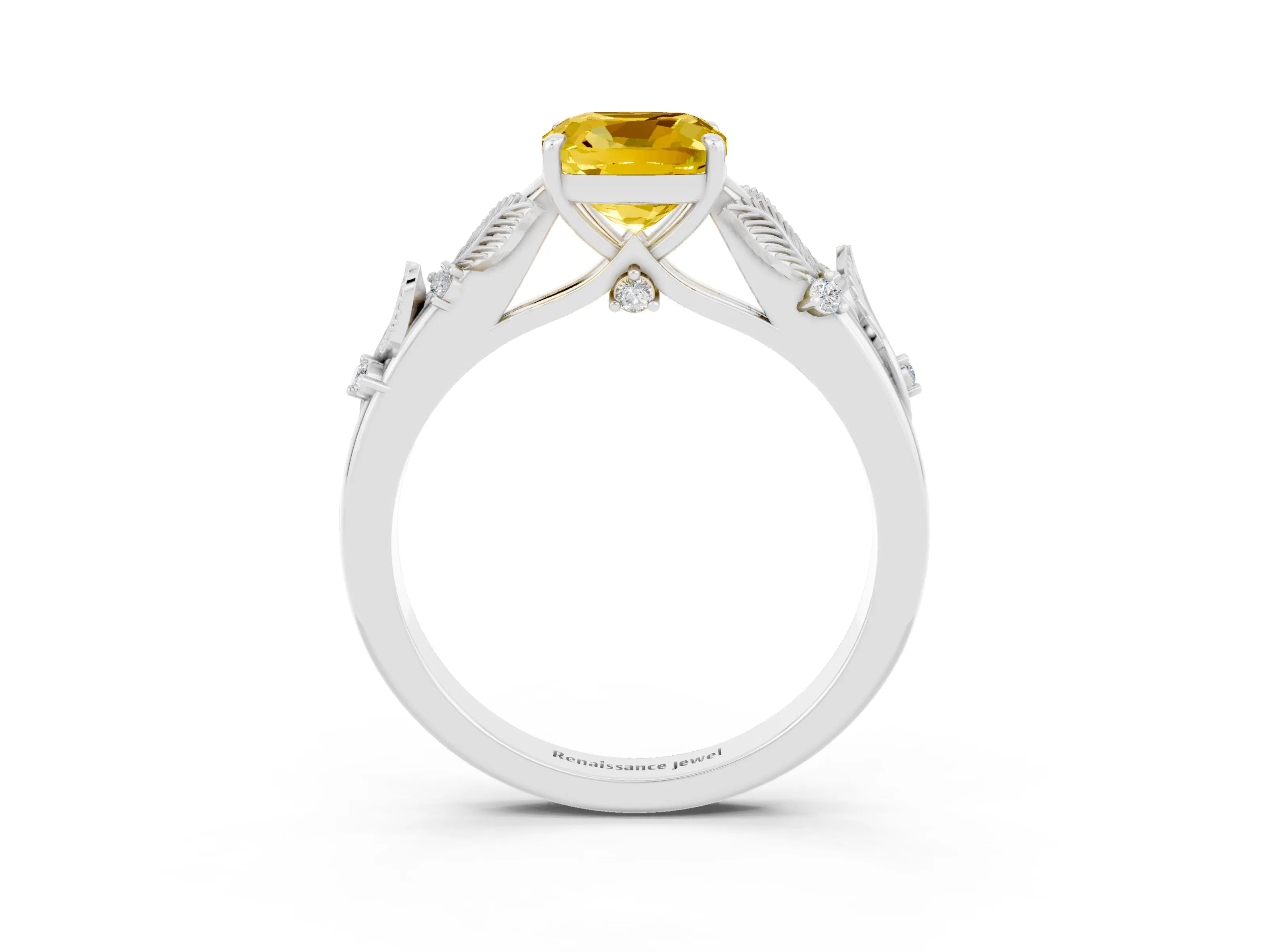 White gold Cushion Cut Yellow Sapphire Solitaire Ring with Leaf Motif Band and Four-Prong Setting_3