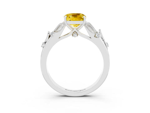 White gold Cushion Cut Yellow Sapphire Solitaire Ring with Leaf Motif Band and Four-Prong Setting_3