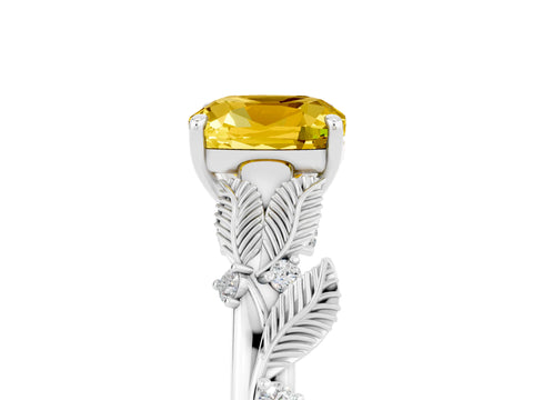 White gold Cushion Cut Yellow Sapphire Solitaire Ring with Leaf Motif Band and Four-Prong Setting_5