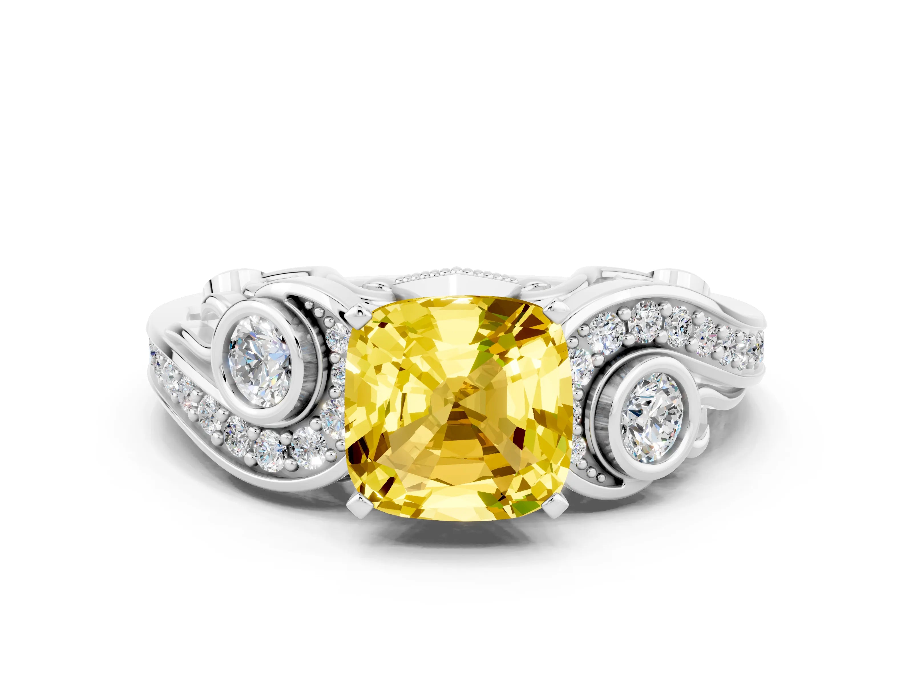 White gold Cushion Cut Yellow Sapphire Solitaire Ring with Milgrain Pavé Band and Four-Prong Setting_12