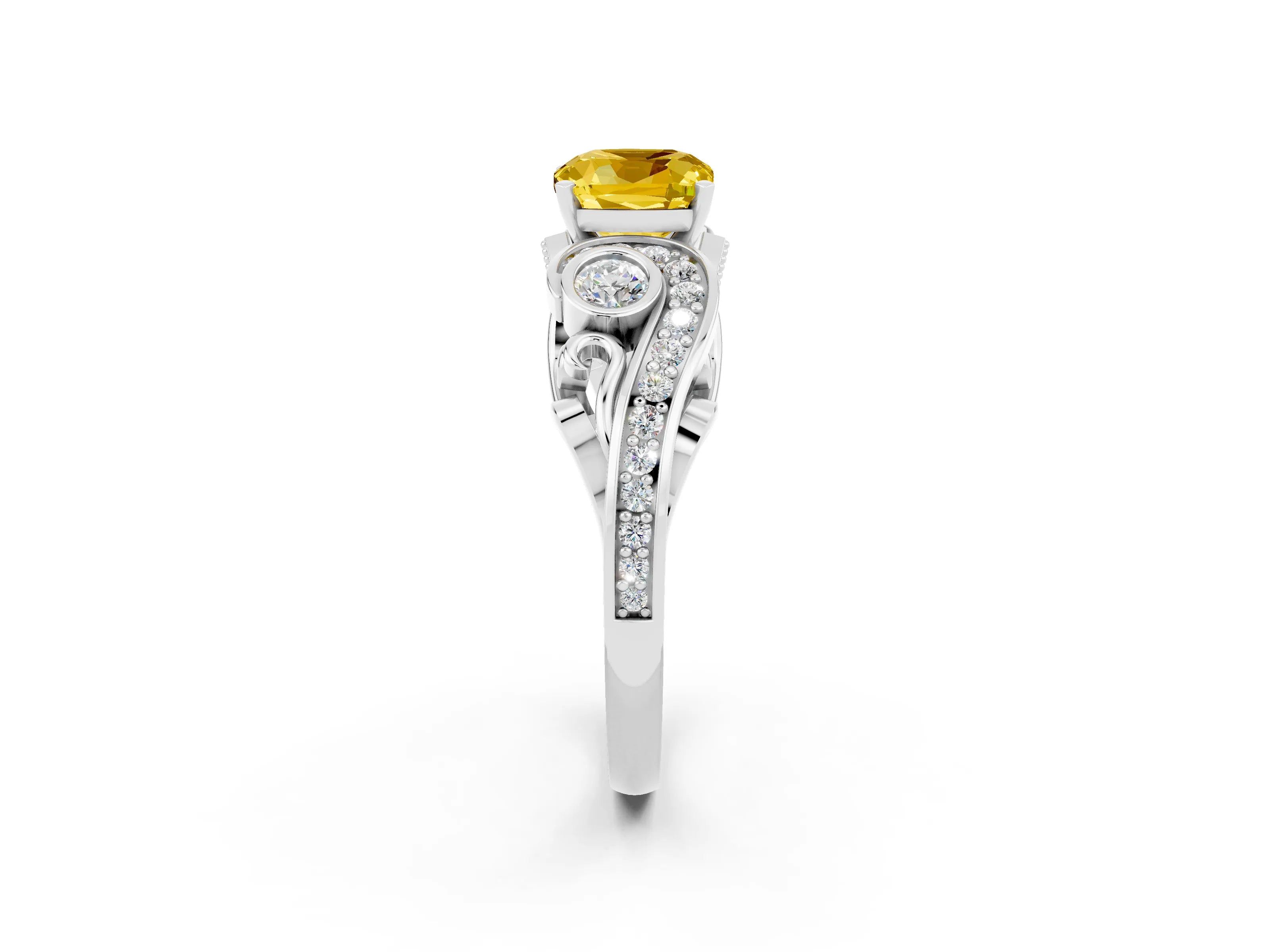 White gold Cushion Cut Yellow Sapphire Solitaire Ring with Milgrain Pavé Band and Four-Prong Setting_14