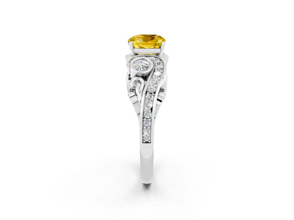 Platinum Cushion Cut Yellow Sapphire Solitaire Ring with Milgrain Pavé Band and Four-Prong Setting