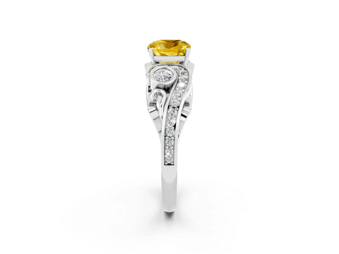 White gold Cushion Cut Yellow Sapphire Solitaire Ring with Milgrain Pavé Band and Four-Prong Setting_14