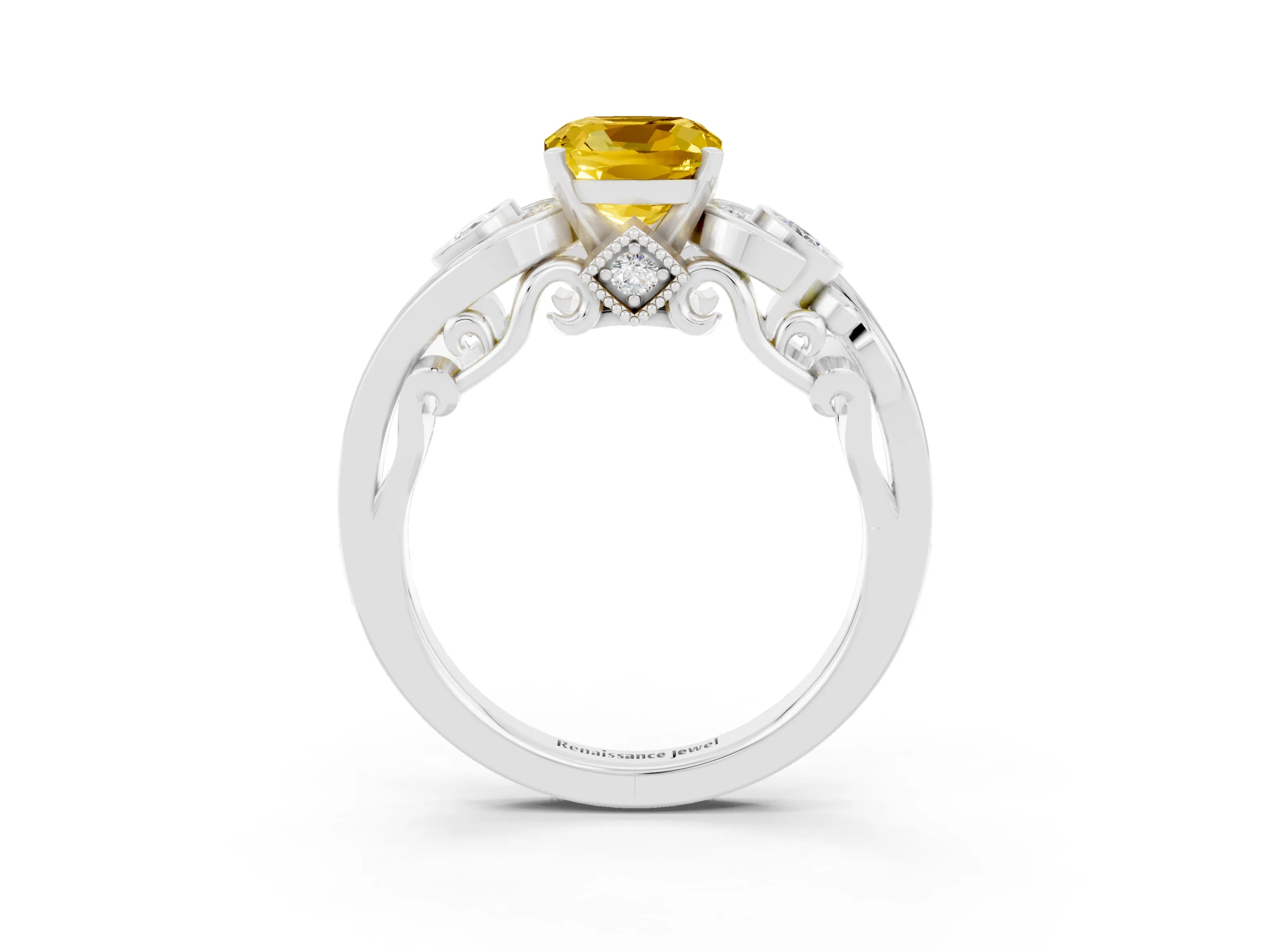 White gold Cushion Cut Yellow Sapphire Solitaire Ring with Milgrain Pavé Band and Four-Prong Setting_15