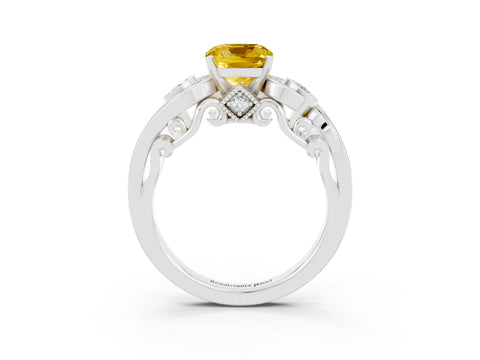 White gold Cushion Cut Yellow Sapphire Solitaire Ring with Milgrain Pavé Band and Four-Prong Setting_15