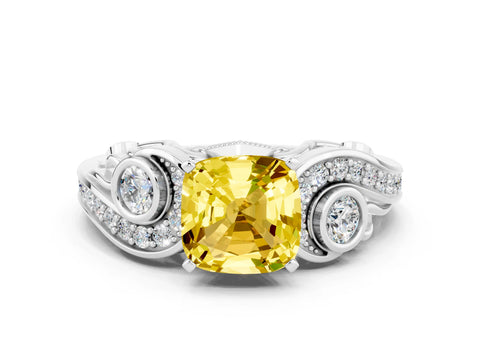 White gold Cushion Cut Yellow Sapphire Solitaire Ring with Milgrain Pavé Band and Four-Prong Setting_48