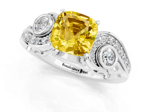 White gold Cushion Cut Yellow Sapphire Solitaire Ring with Milgrain Pavé Band and Four-Prong Setting_49